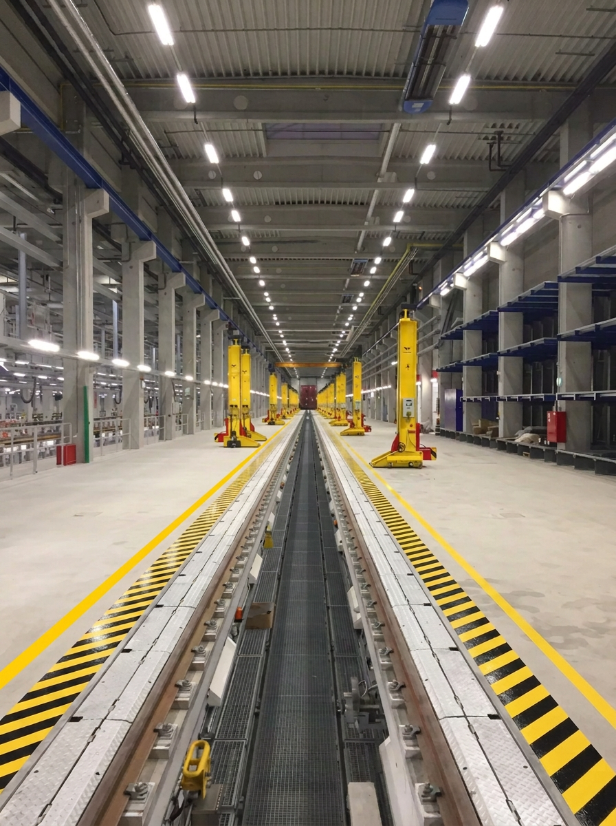 Industriehalle mit gelben Sicherheitsmarkierungen