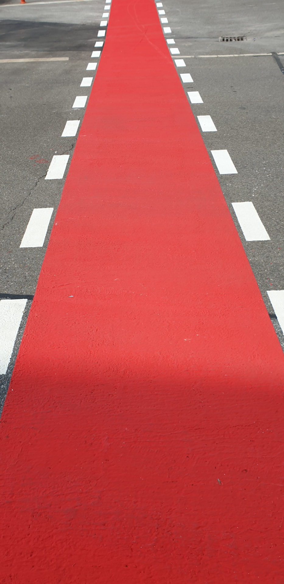 Rot markierter Fahrradweg mit weißen Bordstreifen